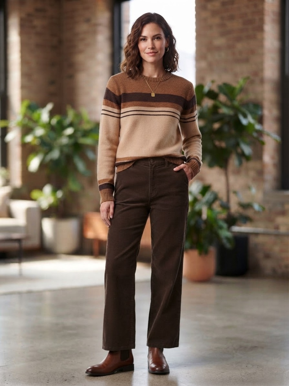 Jantzen Striped Crew Neck Sweater in Beige, Brown and Dark Brown